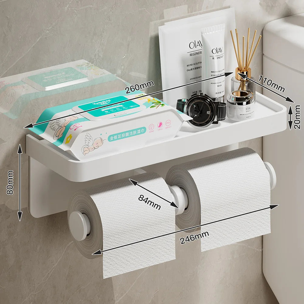 Wall Mounted Aluminum Double Toilet Paper Holder With Storage Tray