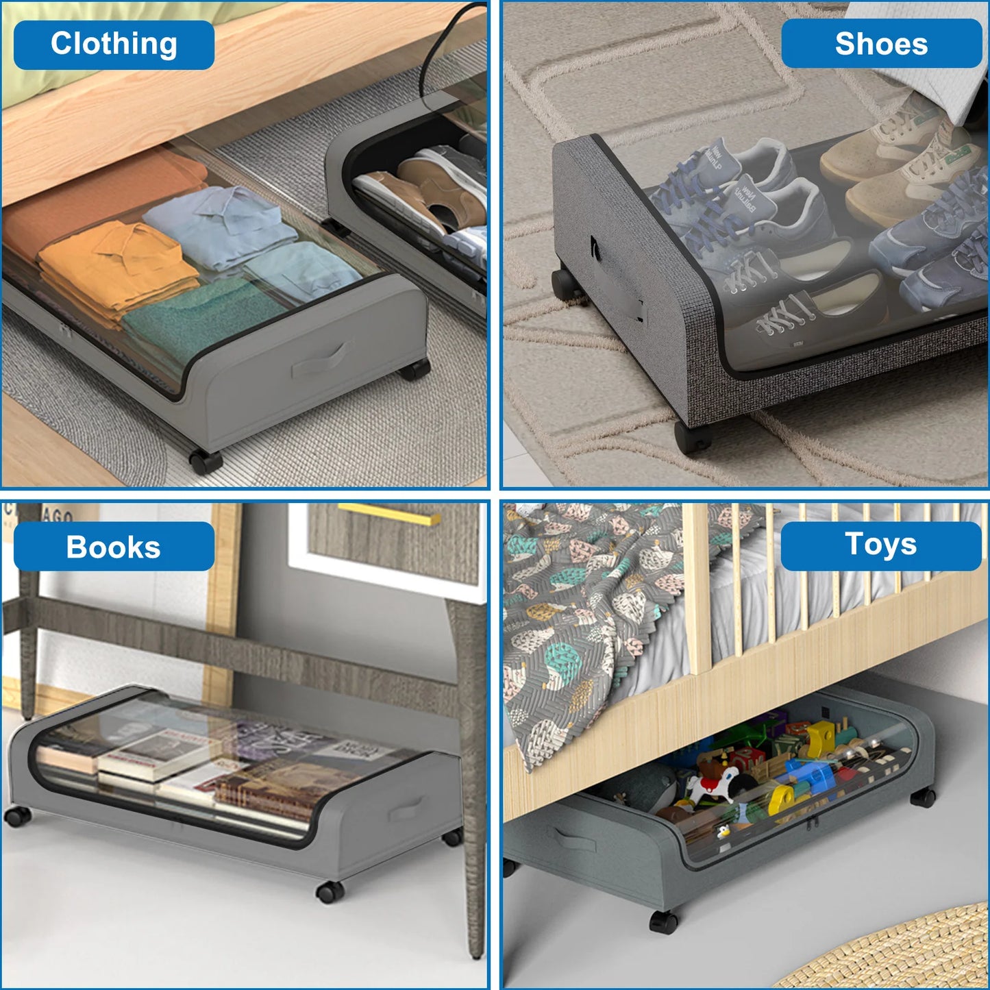 NONECN 2Pack Bed Storage Box With Wheels Large Capacity Clothes Shoes