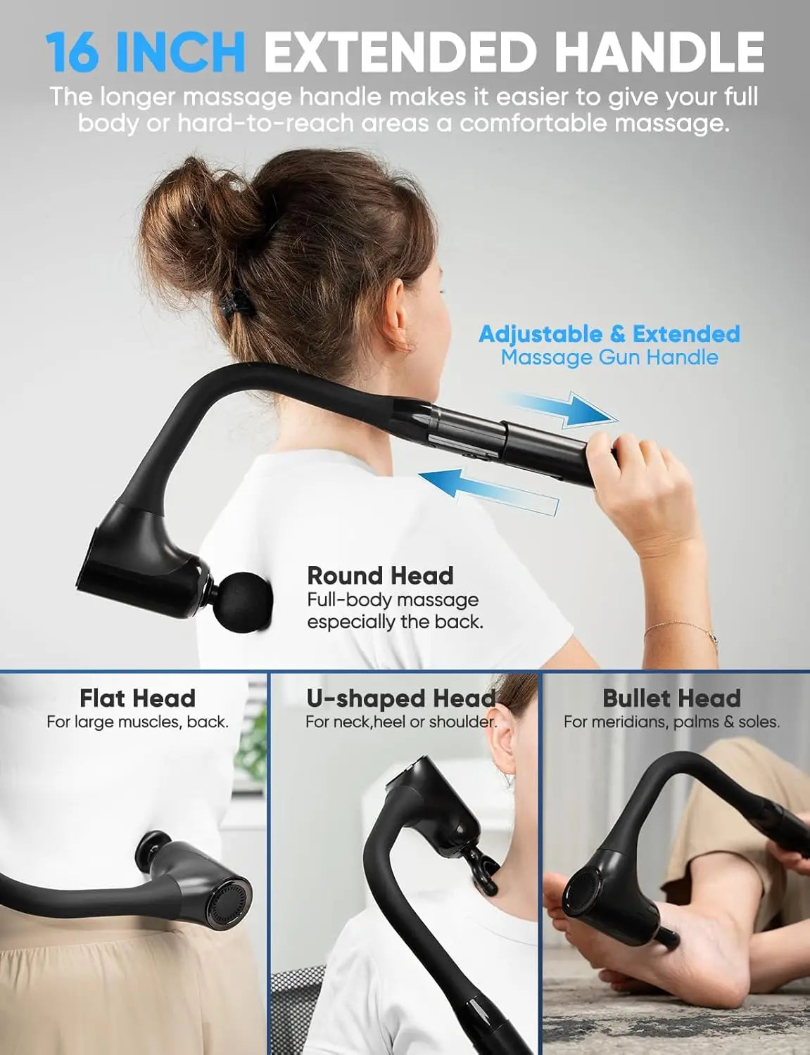 Deep Tissue Massage Gun with Extended Handle, 12MM Percussion for Neck/Foot/Leg/Shoulder Pain Relief, Adjustable Speed & 4 Heads