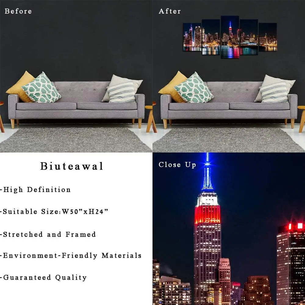 Biuteawal New York City Manhattan Skyline Night Canvas Wall Art