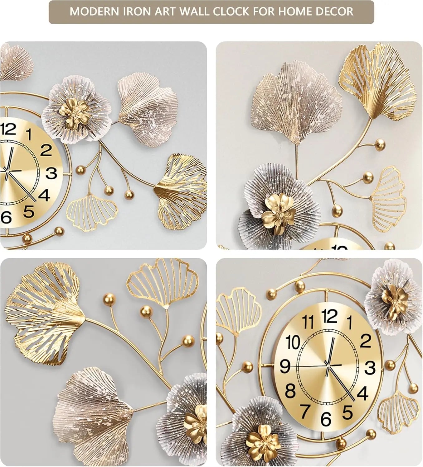Silent Wall Clock With Retro Ginkgo Leaf 3D Art Decor