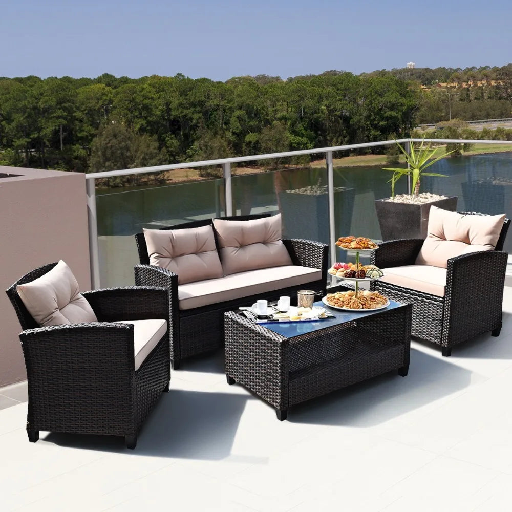 Outdoor Rattan Furniture Cushioned Durable Patio Sofa Set