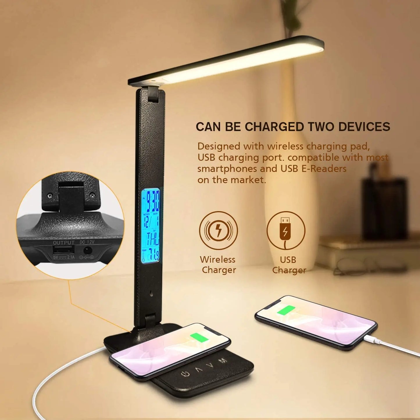 LAOPAO 10W Qi Wireless Charging LED Desk Lamp With Calendar Clock