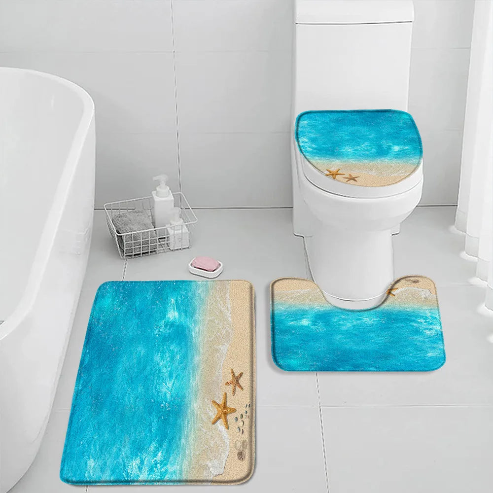 NONECN Beach Seascape Bath Mat Set 3 Piece Non Slip