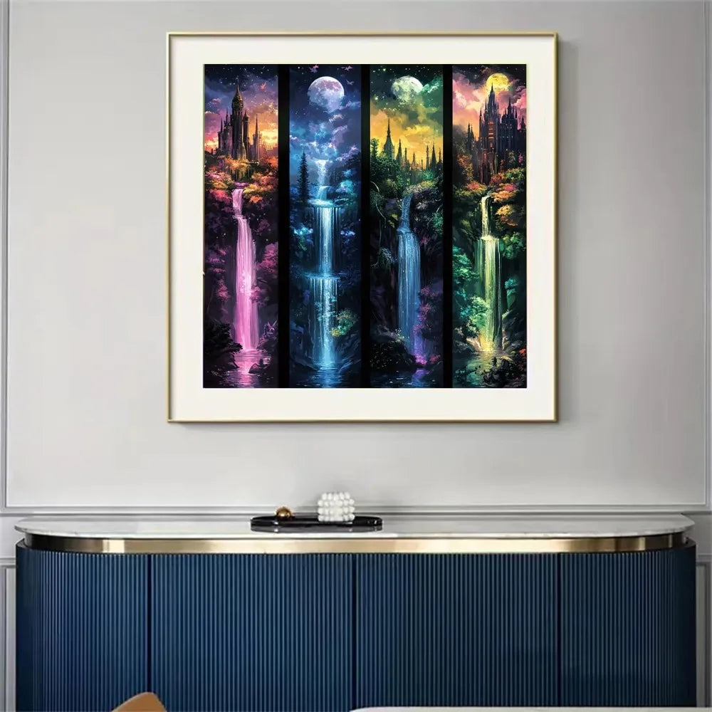 Moon Castle Waterfall Diamond Painting Kit, 5D Full Drill Art for Adults, DIY Home Decor 13.8x13.8in