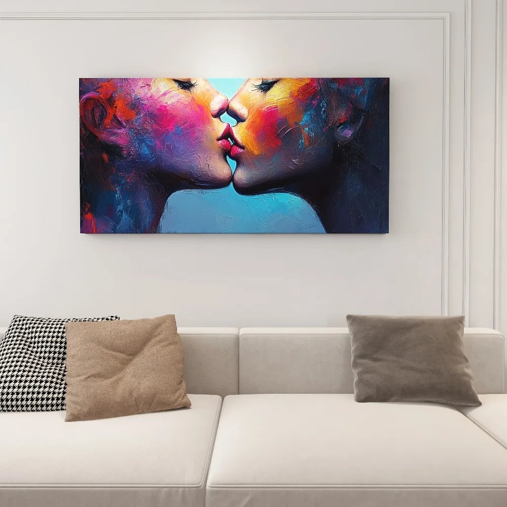 Female Kissing Poster With Solid Wood Frame For Living Room Bedroom Hallway