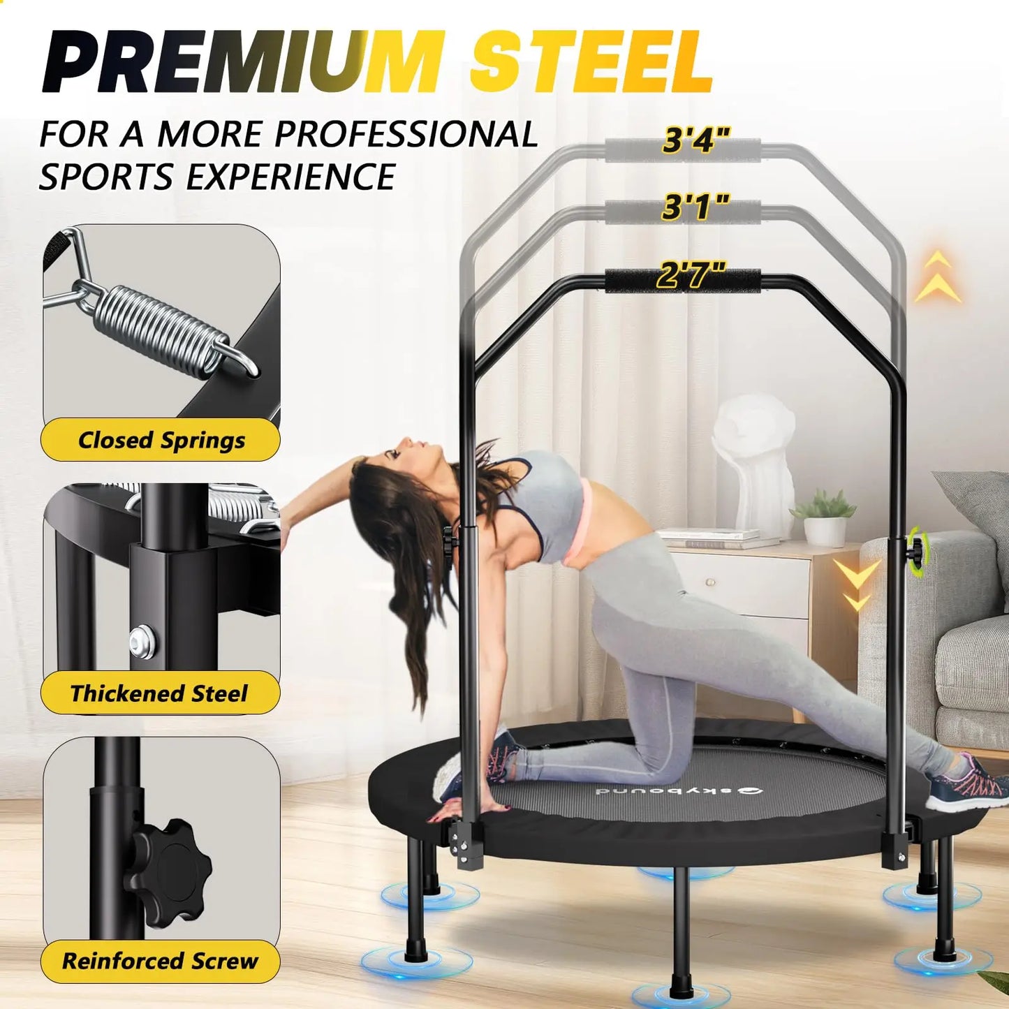 Foldable Rebounder Trampoline With Adjustable U Bar Handle 350 Lbs