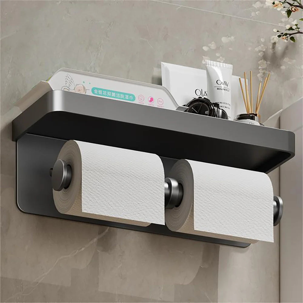 Wall Mounted Aluminum Double Toilet Paper Holder With Storage Tray