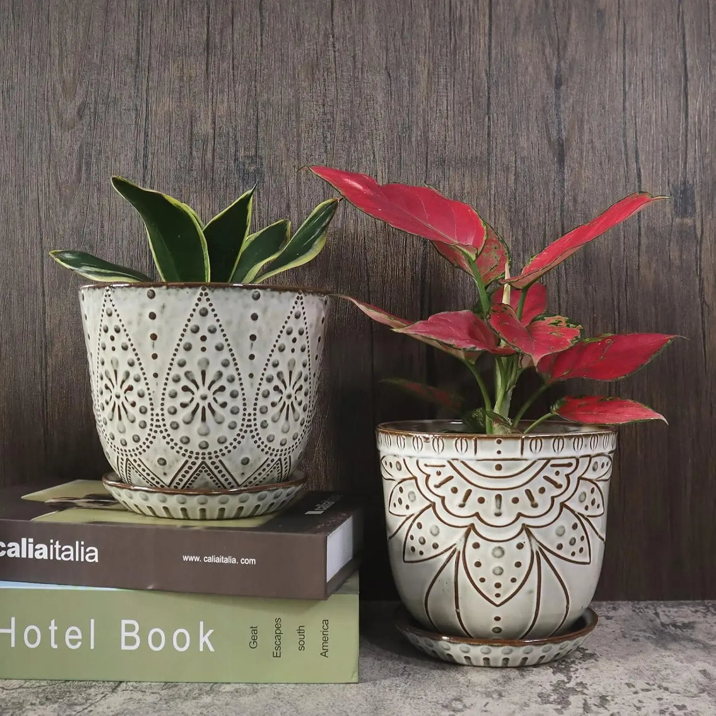 Ceramic Planter Set Of 2 With Drainage Holes And Saucers