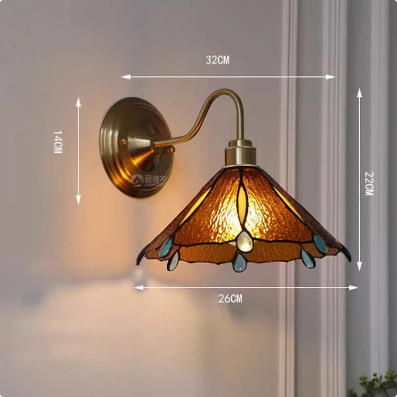 New Retro Copper Tiffany Wall Lamp Simple Reading Light Hanging Villa Bedroom Corridor Living Room Decorative Light Chandeliers