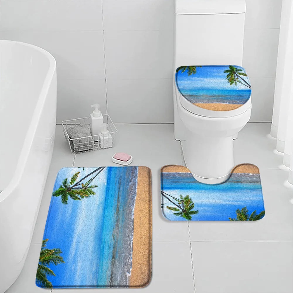 NONECN Beach Seascape Bath Mat Set 3 Piece Non Slip