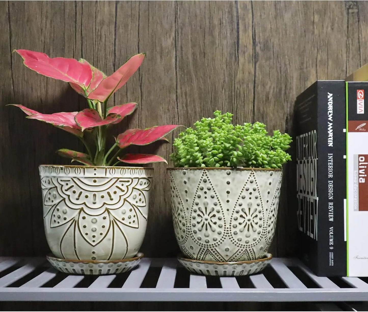 Ceramic Planter Set Of 2 With Drainage Holes And Saucers