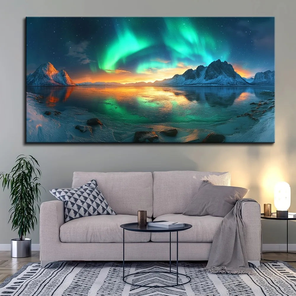 Pine Frame Snow Mountain Aurora Landscape Painting Wall Decor