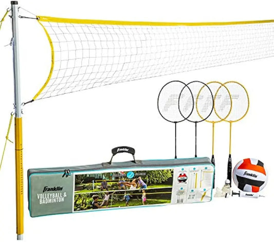 Portable Volleyball and Badminton Combo Set with Net, Rackets, Ball for Outdoor Family Fun