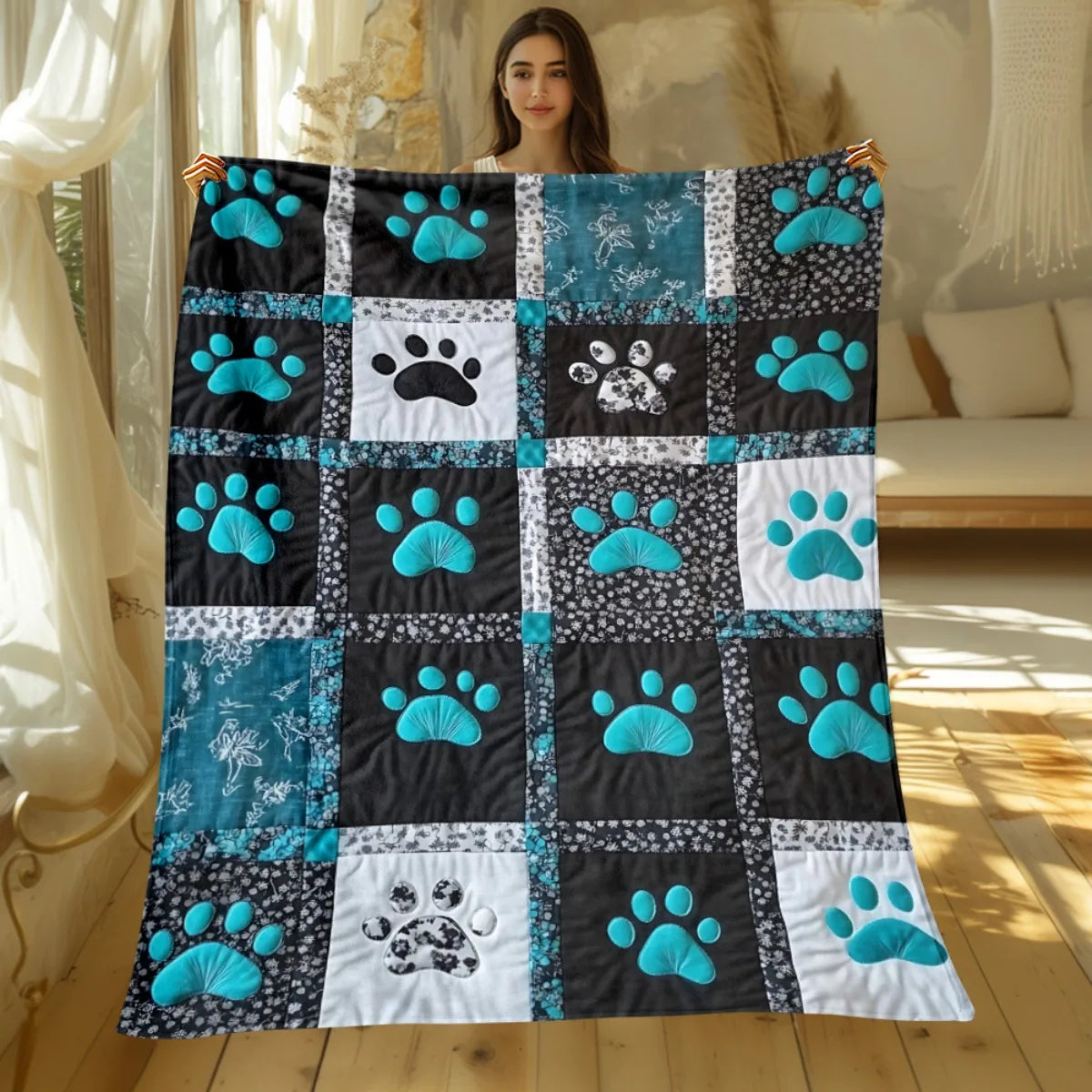 Cute Paw Print Patchwork Flannel Blanket Lightweight Throw