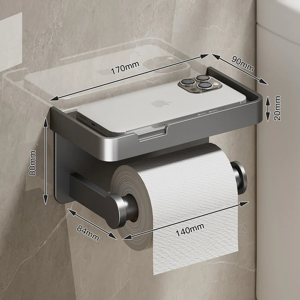 Wall Mounted Aluminum Double Toilet Paper Holder With Storage Tray