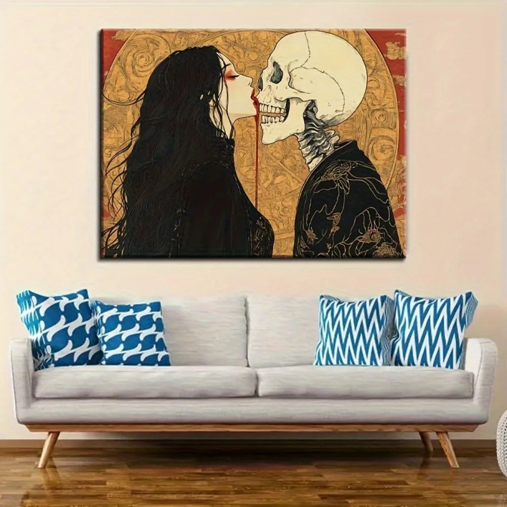 Halloween Horror Skull And Beauty Canvas Poster Solid Wood Frame