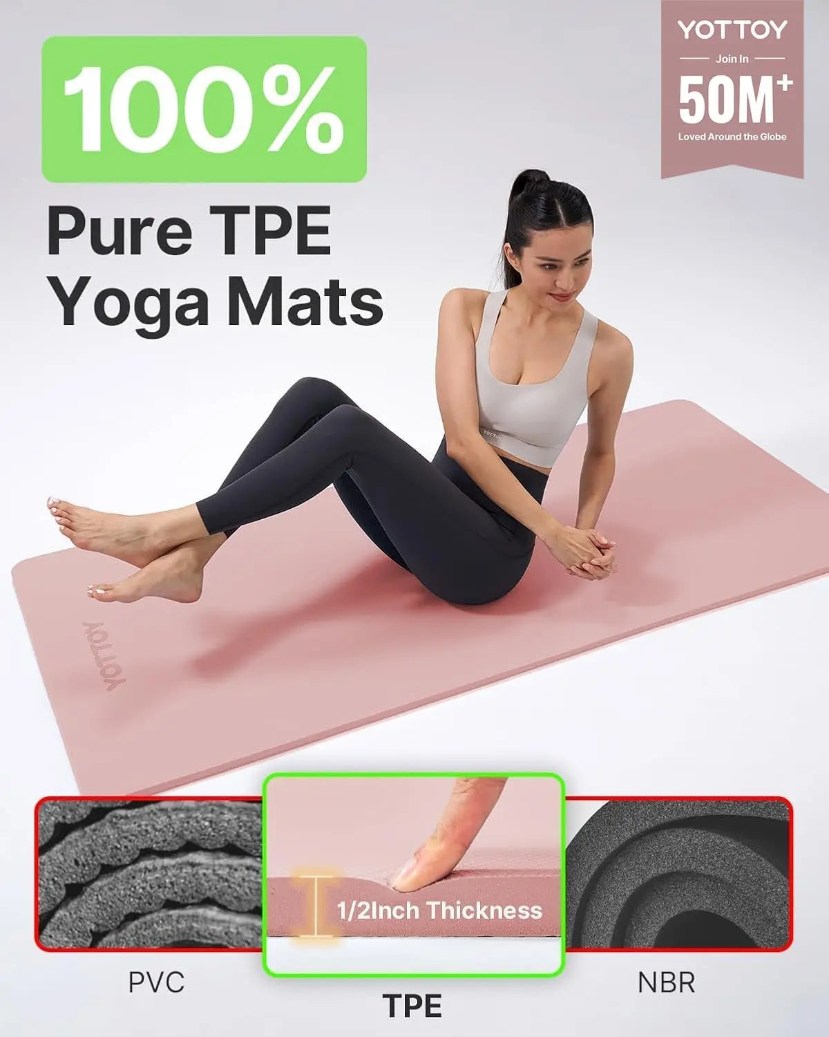 Yoga Mat, Extra Thick TPE Exercise Mat 1/2 inch, Non-Slip Workout Mat for Yoga Pilates Fitness with Strap