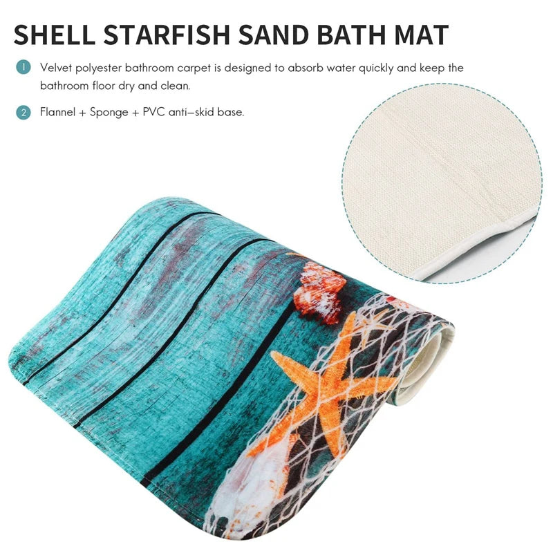 Beach Seashells Starfish Bath Mat Set Non-Slip Toilet Mat 3-Piece