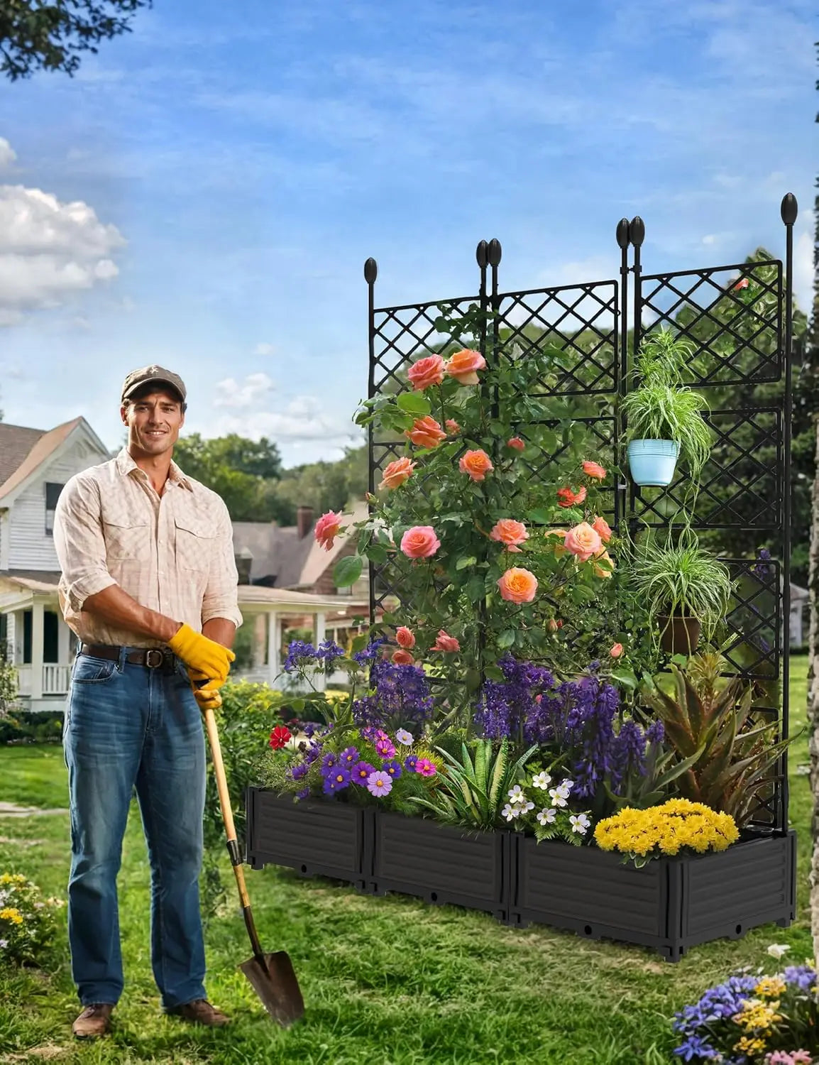 Set Of 3 Outdoor Raised Planter Boxes With Metal Trellis