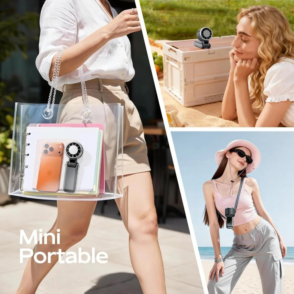 Portable Handheld Fan with Ice Cooling - 5 Speed Turbo, 13H Battery, Foldable Mini Fan for Travel, Beach, Gifts (Black)