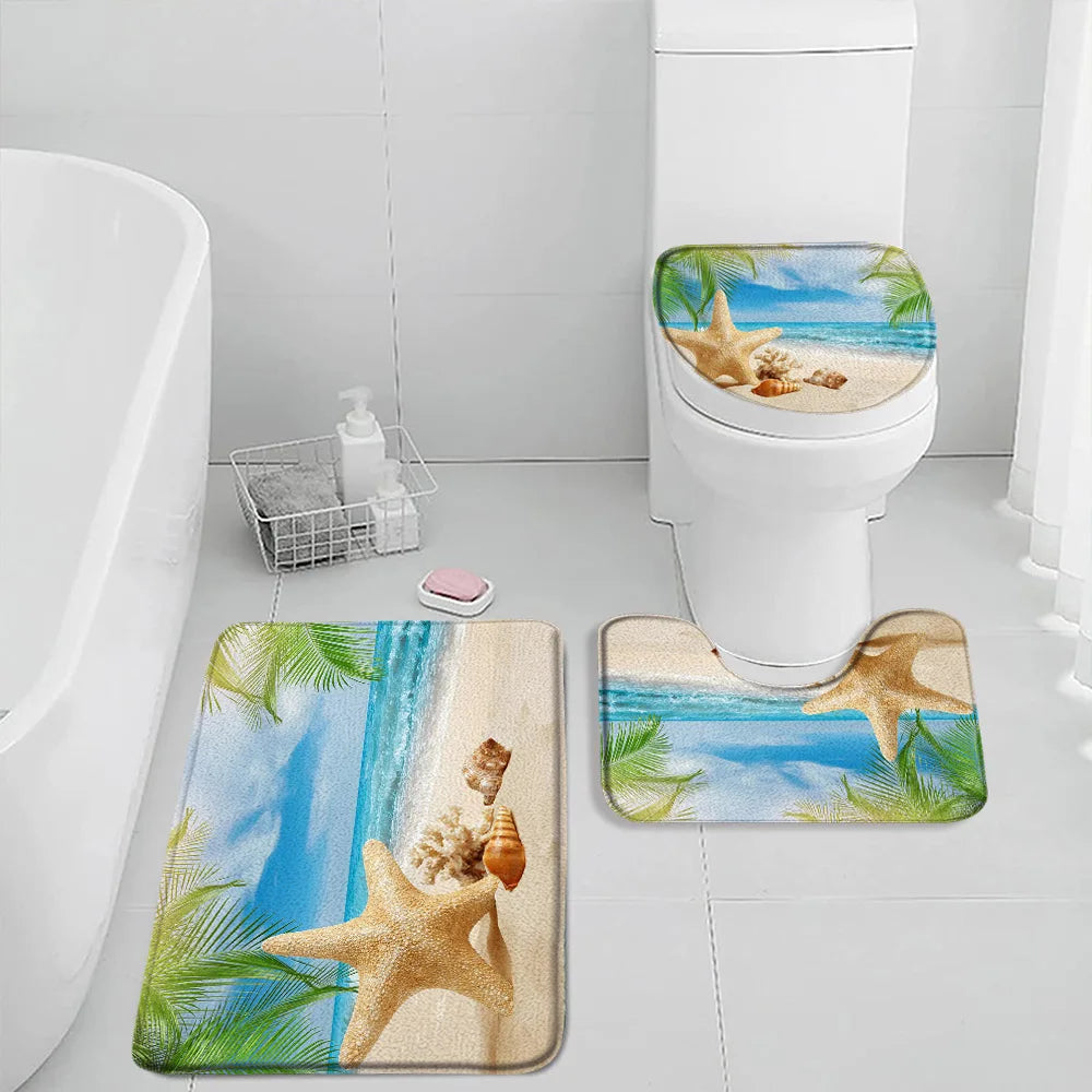 NONECN Beach Seascape Bath Mat Set 3 Piece Non Slip