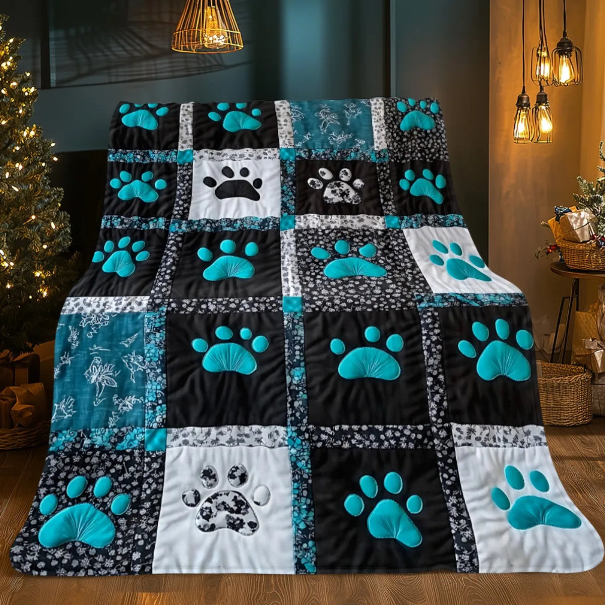 Cute Paw Print Patchwork Flannel Blanket Lightweight Throw