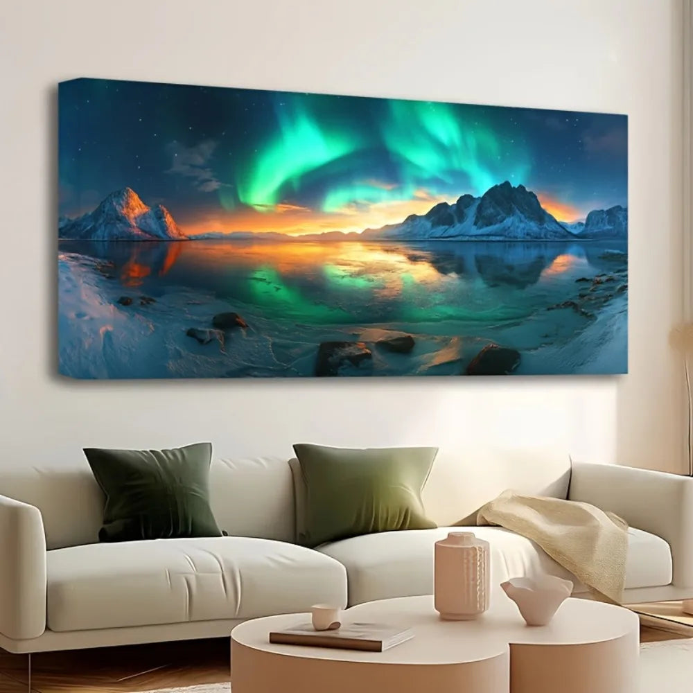 Pine Frame Snow Mountain Aurora Landscape Painting Wall Decor