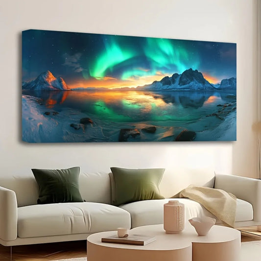 Pine Frame Snow Mountain Aurora Landscape Painting Wall Decor