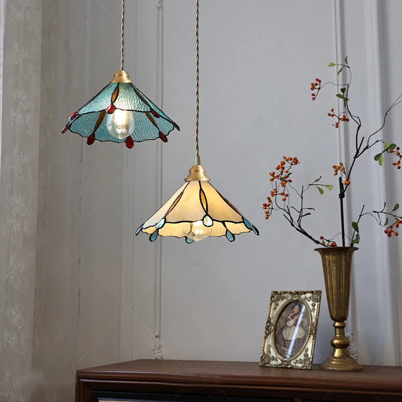 New Retro Copper Tiffany Wall Lamp Simple Reading Light Hanging Villa Bedroom Corridor Living Room Decorative Light Chandeliers