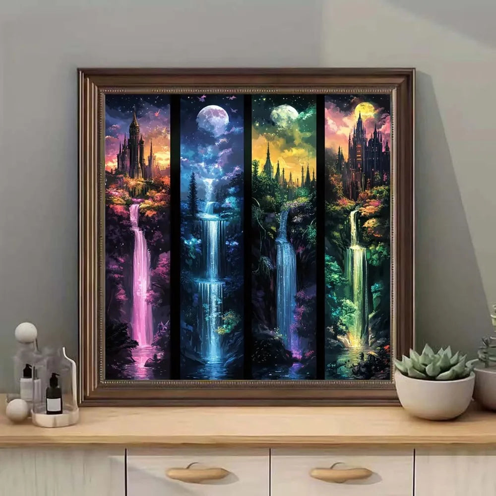 Moon Castle Waterfall Diamond Painting Kit, 5D Full Drill Art for Adults, DIY Home Decor 13.8x13.8in