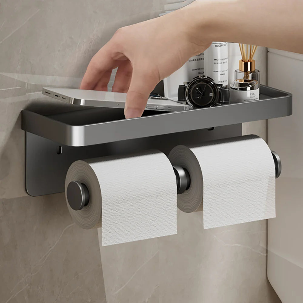Wall Mounted Aluminum Double Toilet Paper Holder With Storage Tray