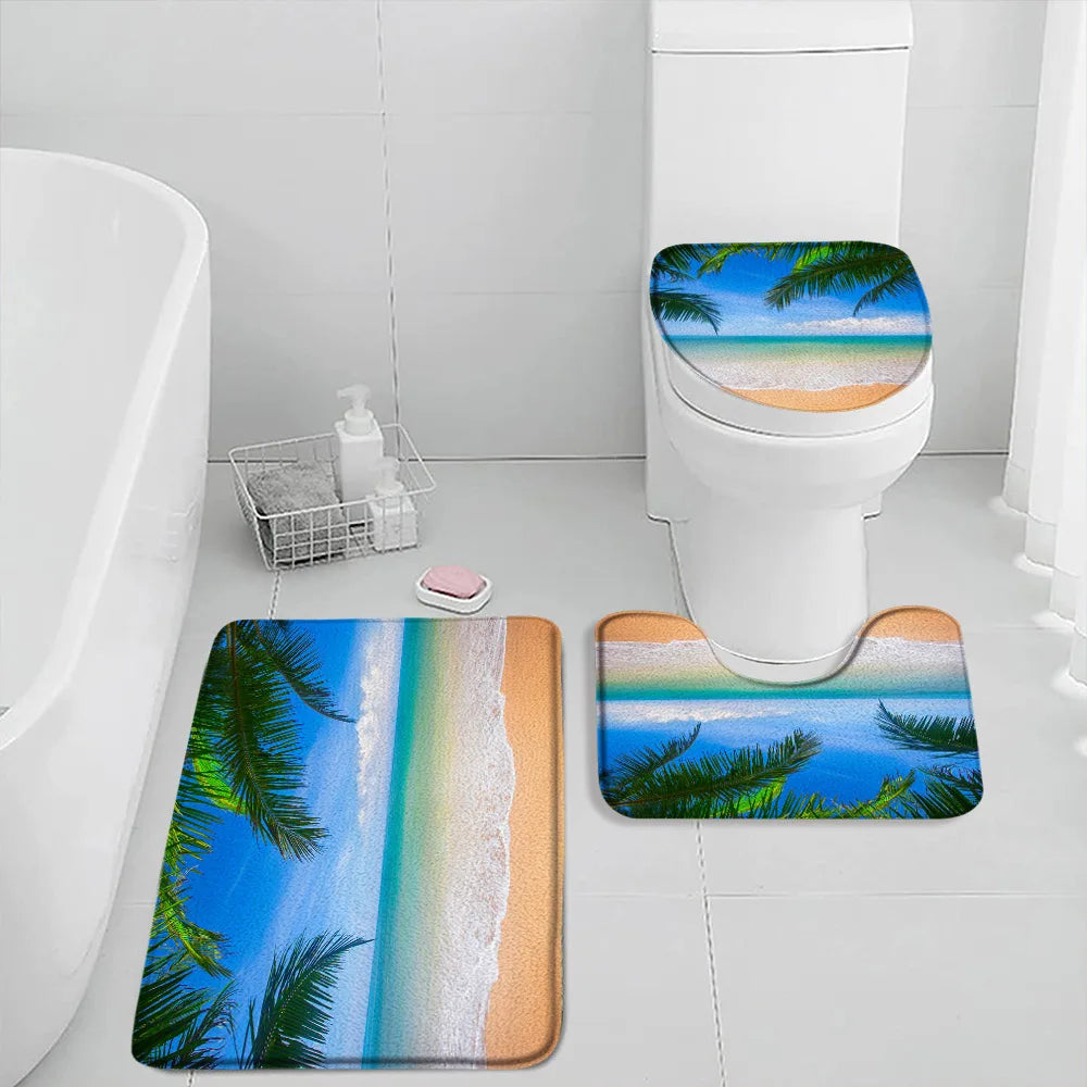 NONECN Beach Seascape Bath Mat Set 3 Piece Non Slip
