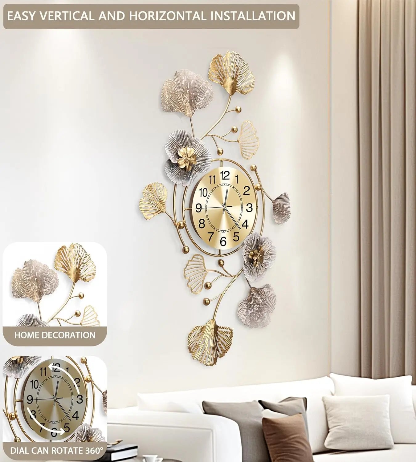 Silent Wall Clock With Retro Ginkgo Leaf 3D Art Decor