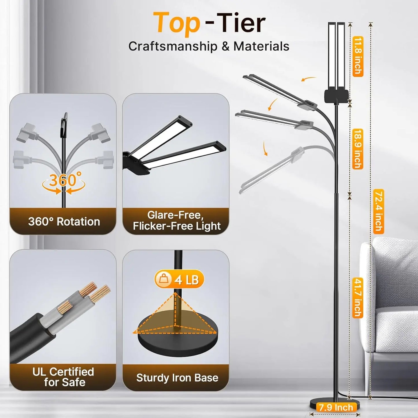 LED Floor Lamp With Gesture And Remote Dimmable Gooseneck