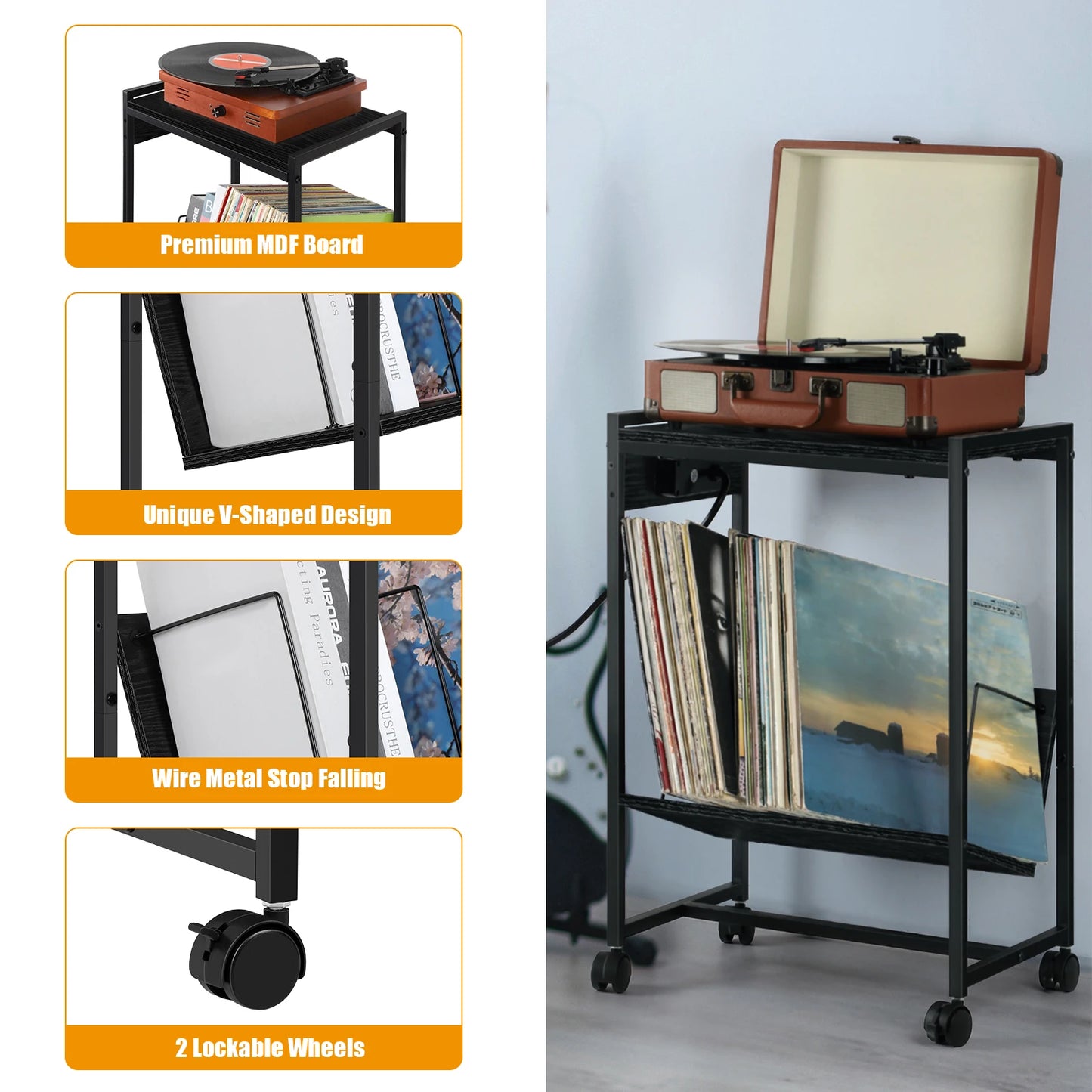 Record Player Stand With Vinyl Storage Table Charging Station