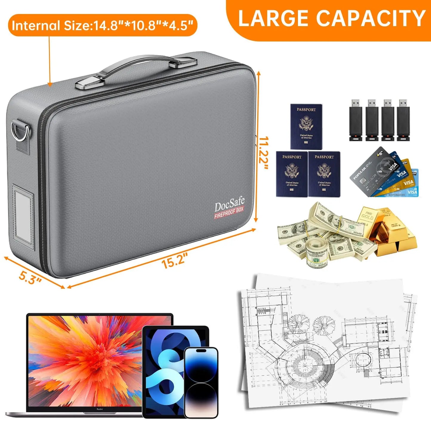 Fireproof Document Box With Lock Hard Case Water Resistant Home Office Travel