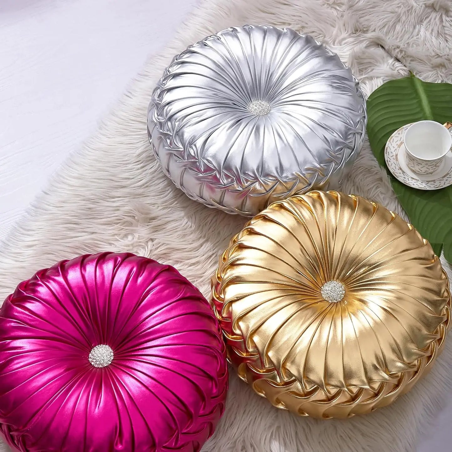 Metallic Leather Round Throw Pillow With Handmade Pleated Design