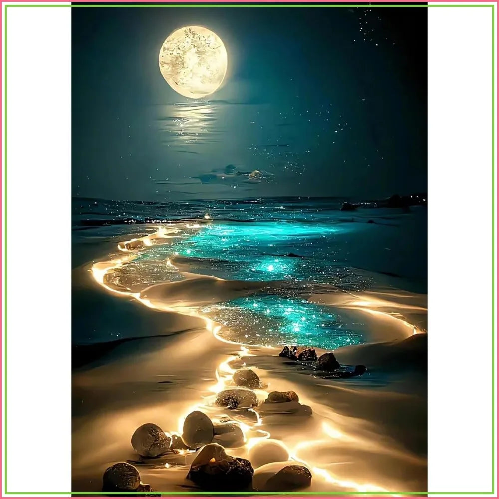 Moonlight Beach Diamond Painting Kit for Adults, 5D Seaside Diamond Art, DIY Full Drill, 12x16 Inch Home Wall Decor