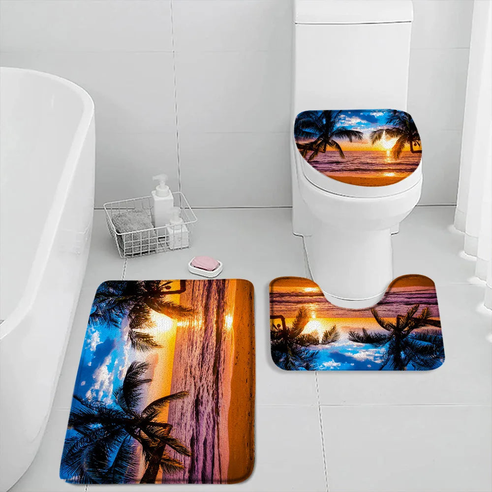 NONECN Beach Seascape Bath Mat Set 3 Piece Non Slip