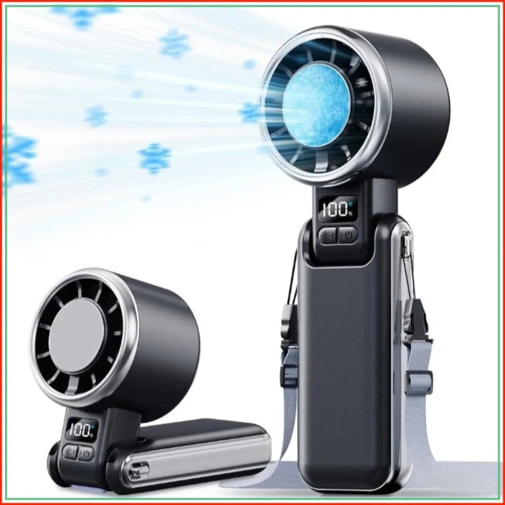 Portable Handheld Fan with Ice Cooling - 5 Speed Turbo, 13H Battery, Foldable Mini Fan for Travel, Beach, Gifts (Black)