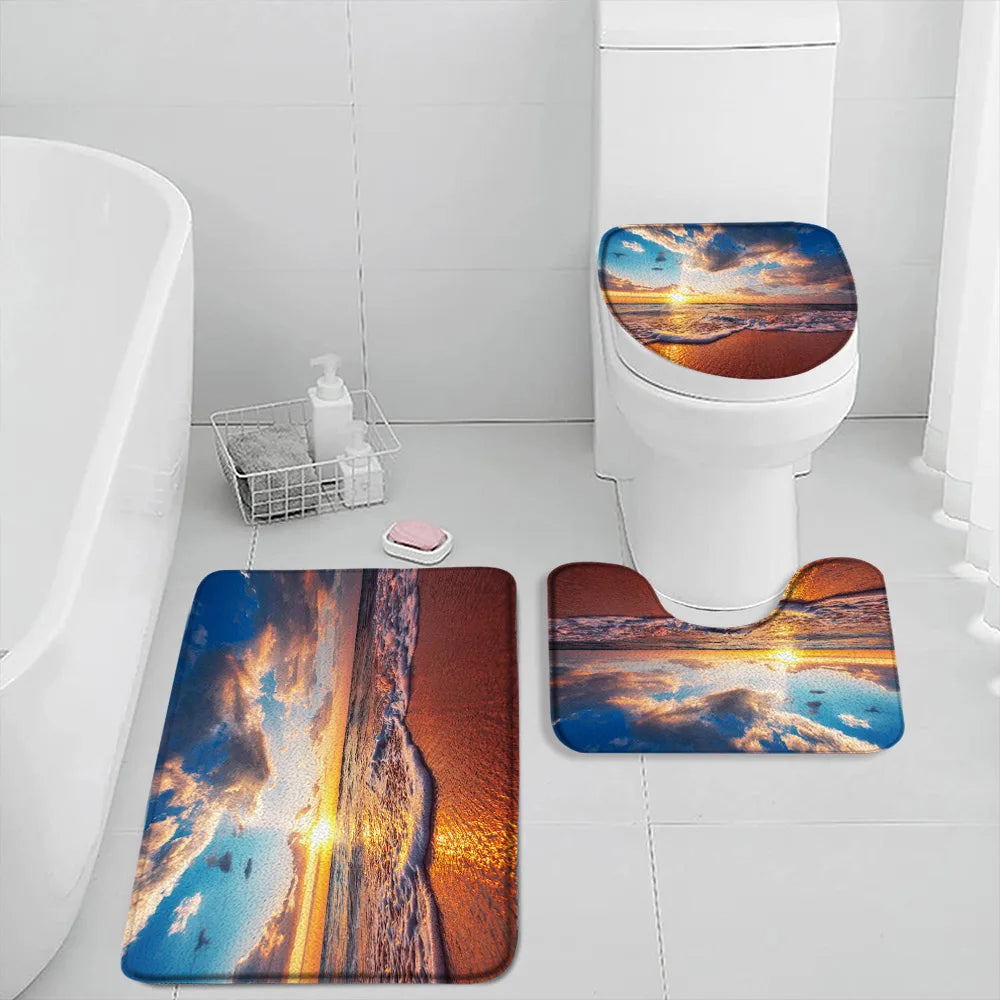 NONECN Beach Seascape Bath Mat Set 3 Piece Non Slip