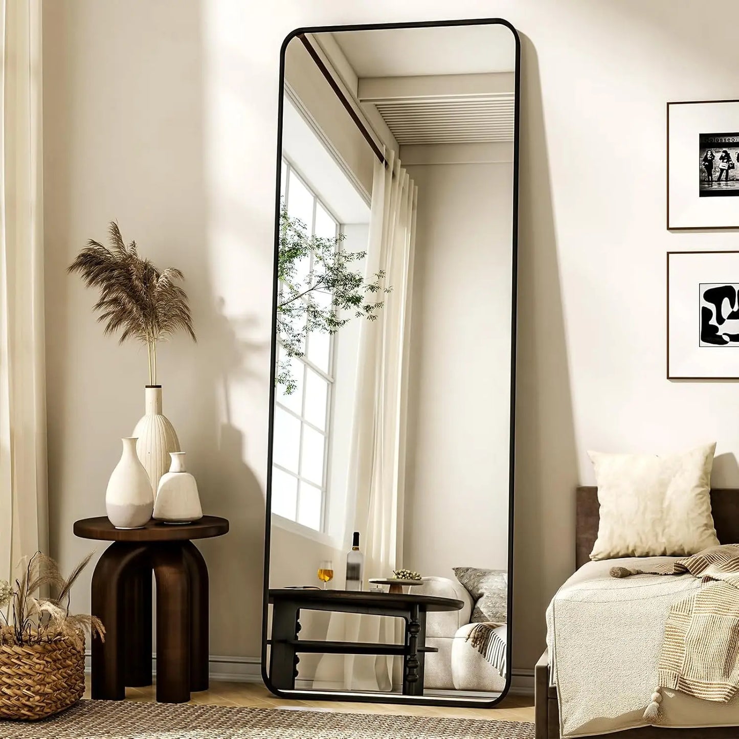56"x21" Floor Full Length Mirror Standing Full Body Rounded Corner Rectangle Mirrors with Stand Hanging Wall Mounted Leaning Bed