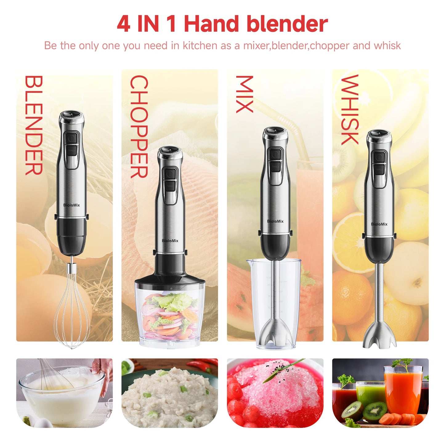 BioloMix 4 in 1 High Power 1200W Immersion Hand Stick Blender Mixer Includes Chopper and Smoothie Cup Stainless Steel Ice Blades