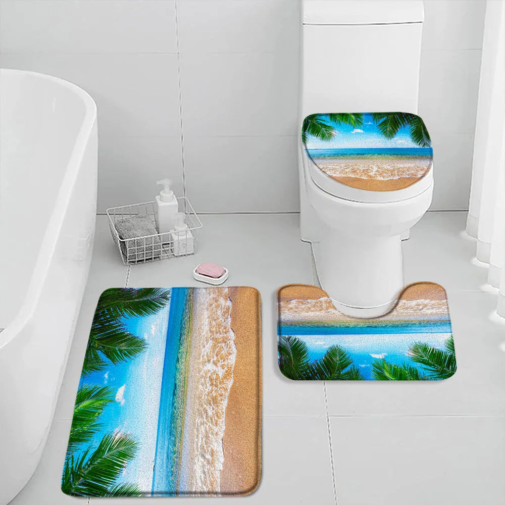 NONECN Beach Seascape Bath Mat Set 3 Piece Non Slip