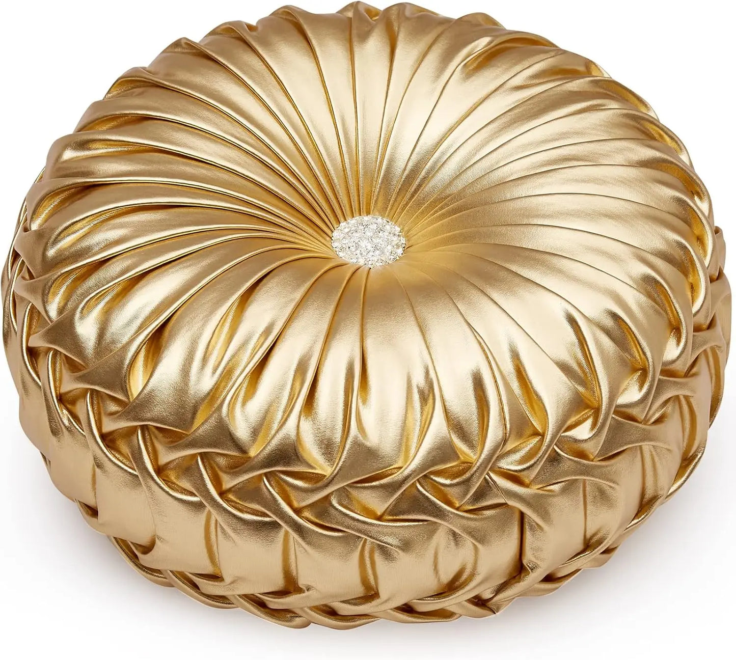 Metallic Leather Round Throw Pillow With Handmade Pleated Design