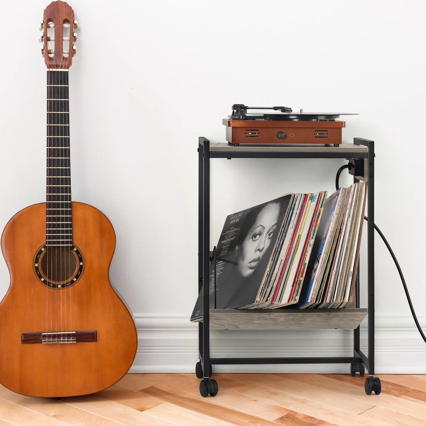 Record Player Stand With Vinyl Storage Table Charging Station