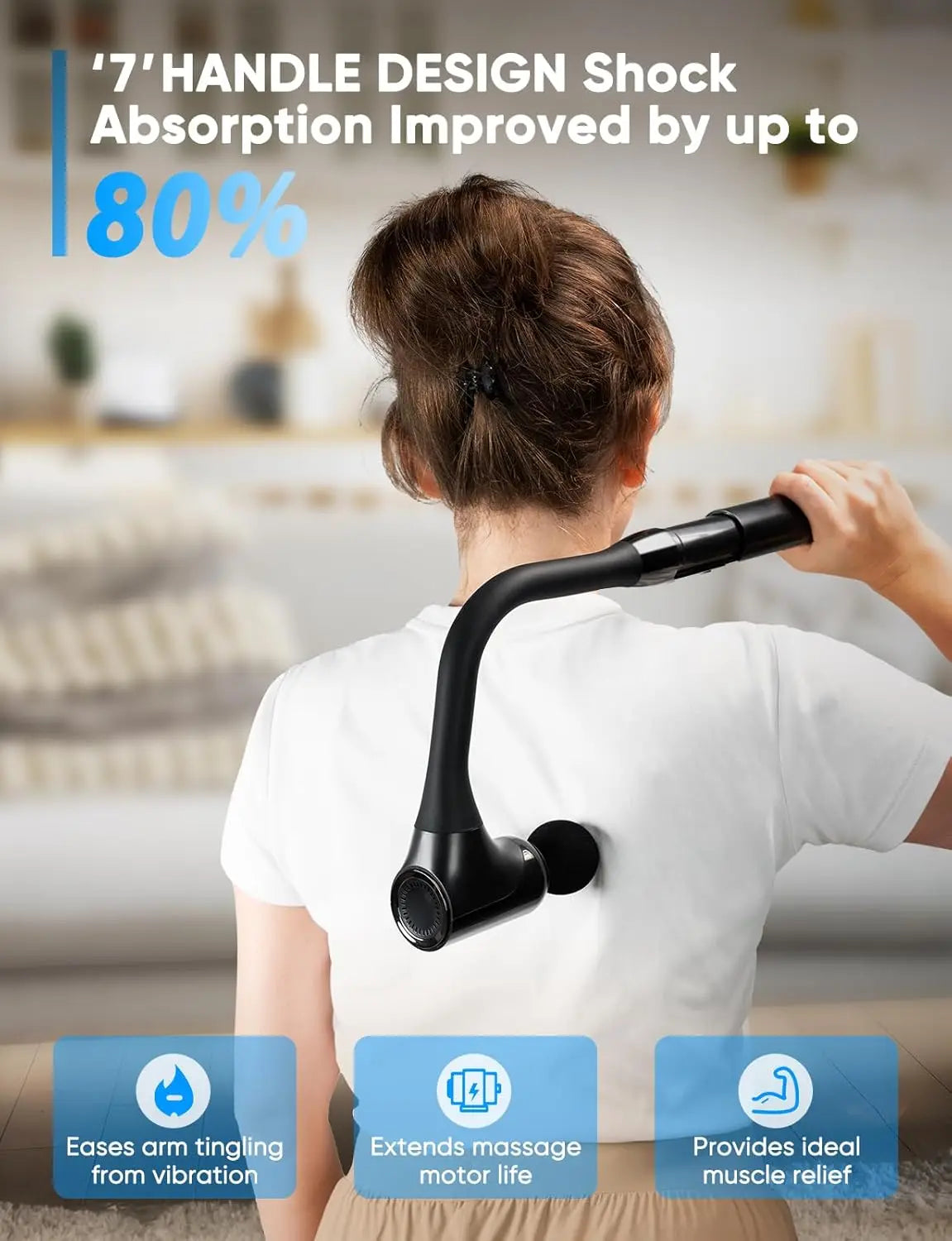 Deep Tissue Massage Gun with Extended Handle, 12MM Percussion for Neck/Foot/Leg/Shoulder Pain Relief, Adjustable Speed & 4 Heads