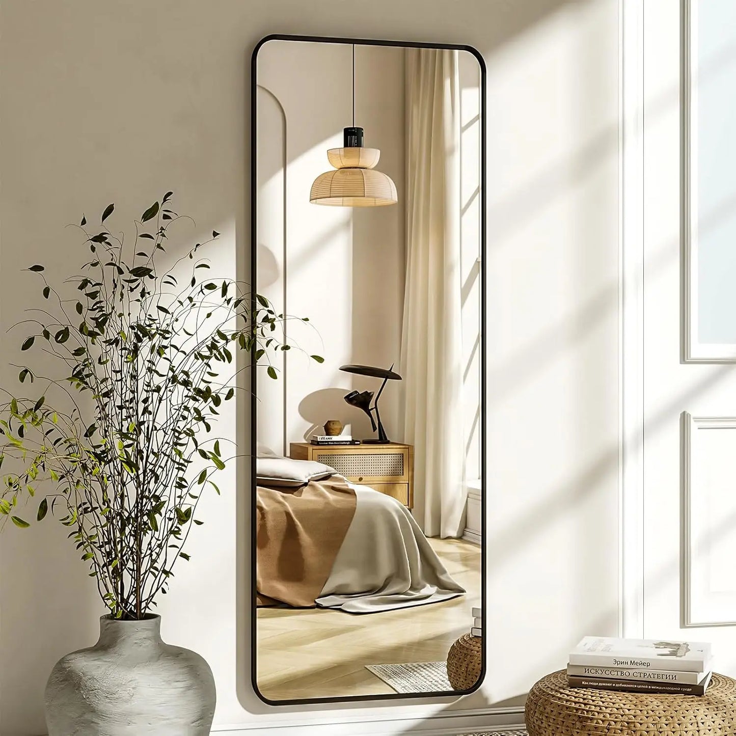 56"x21" Floor Full Length Mirror Standing Full Body Rounded Corner Rectangle Mirrors with Stand Hanging Wall Mounted Leaning Bed