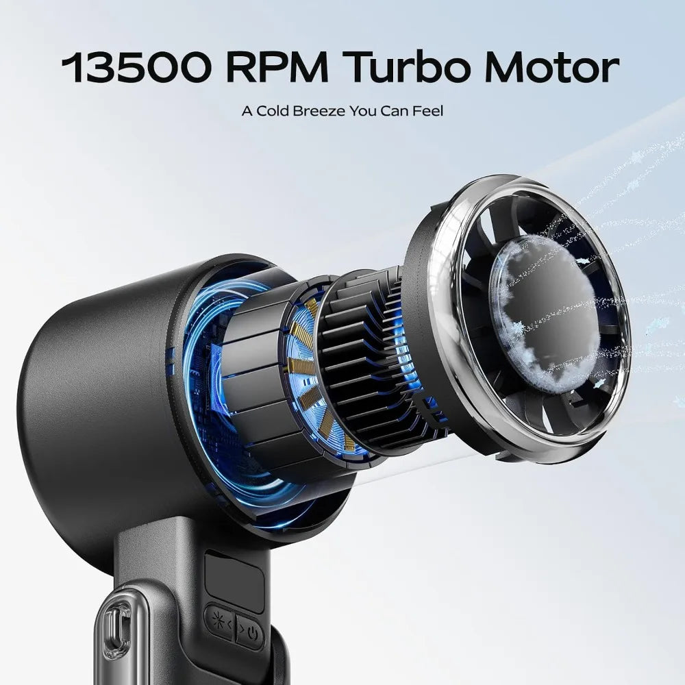 Portable Handheld Fan with Ice Cooling - 5 Speed Turbo, 13H Battery, Foldable Mini Fan for Travel, Beach, Gifts (Black)